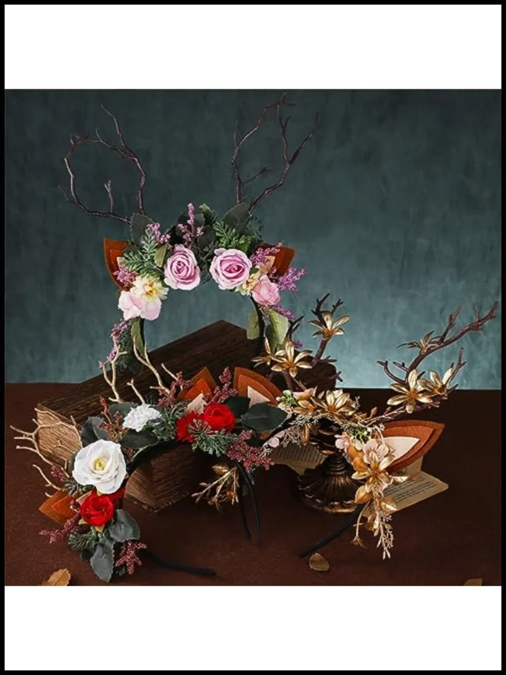 Handmade Antler Branch Headband Gold Adjustable Reindeer Tree Crown Floral